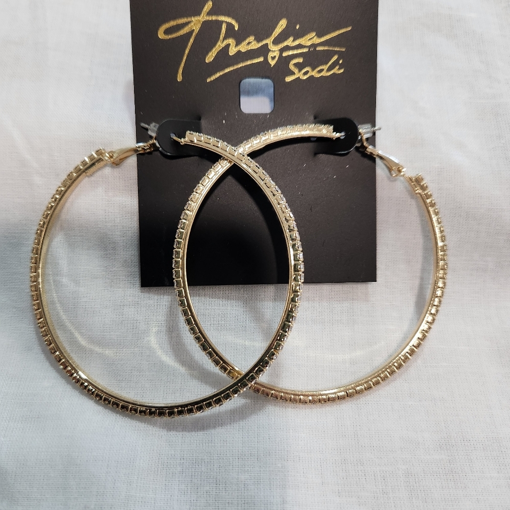 Thalia Sodi XL Goldtone Crystal Pavé Marquise 60mm 2.4" Hoop Earrings